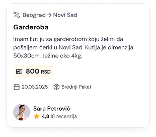 Kartica ponude za dostavu garderobe iz Beograda u Novi Sad. Prikazuje kutiju dimenzija 50x30cm, težine oko 4kg, sa cenom od 800 RSD. Datum dostave je 20.03.2025, kategorija Srednji Paket. Korisnik Sara Petrović ima ocenu 4,8 sa 18 recenzija.