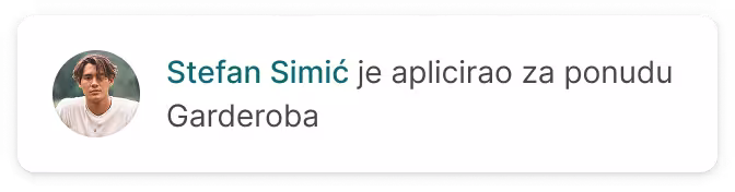 Primer obaveštenja unutar aplikacije o uspešnoj prijavi korisnika Stefana Simića na datu ponudu
