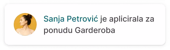 Primer obaveštenja unutar aplikacije o uspešnoj prijavi korisnika Sanje Petrović na datu ponudu